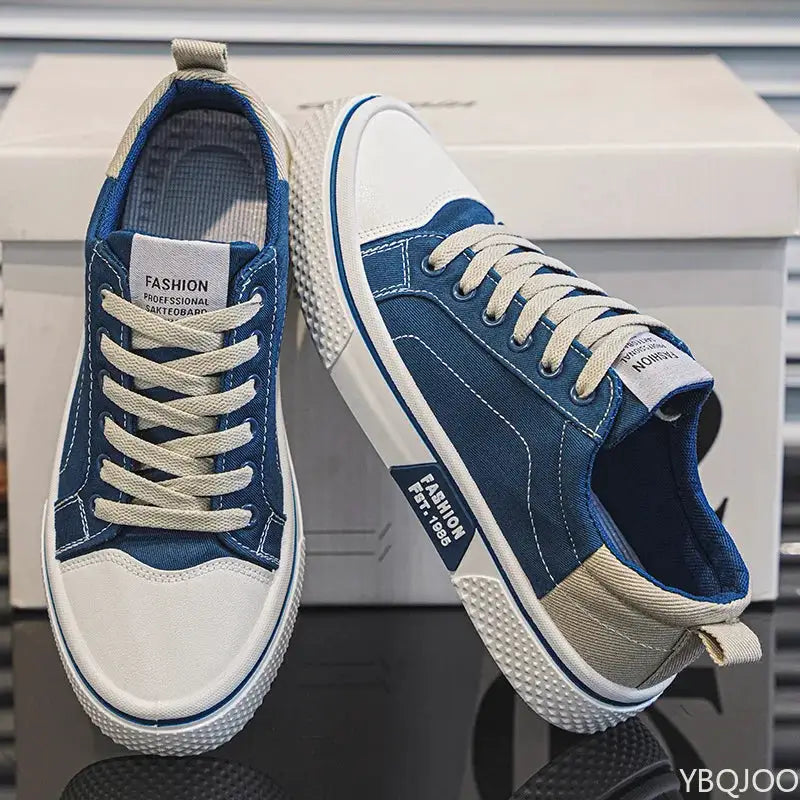 Simples Market men's navy canvas sneakers, lightweight breathable with beige laces and white toe cap.