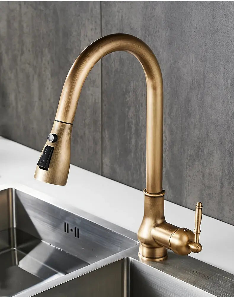 Pull-out antique bronze kitchen faucet with sprayer, hot and cold water by Simples Market EL9021