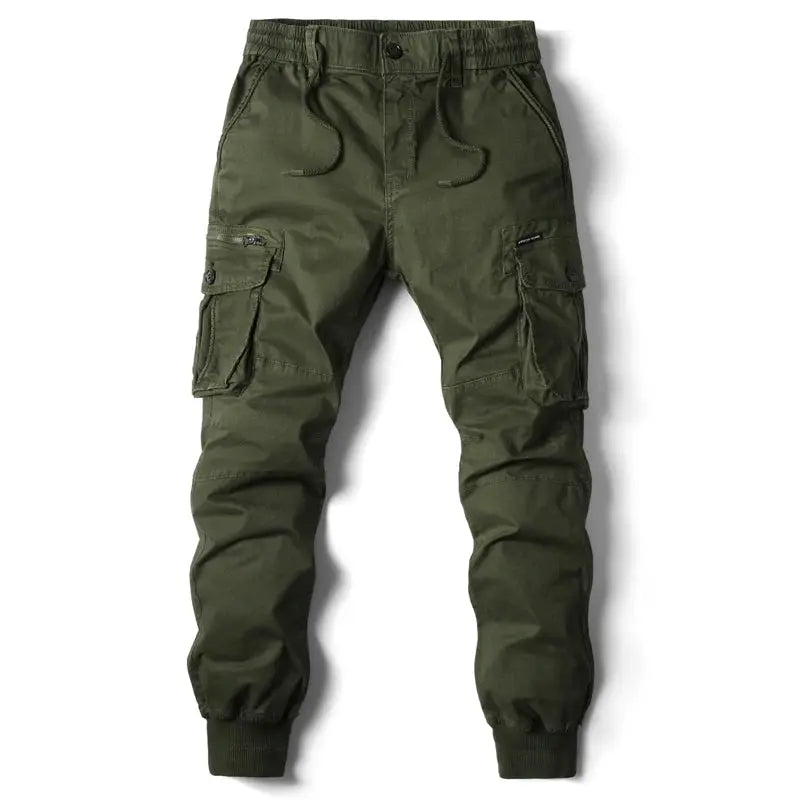 Men's cargo pants Simples Market, olive green cotton with multiple pockets and drawstring waist.