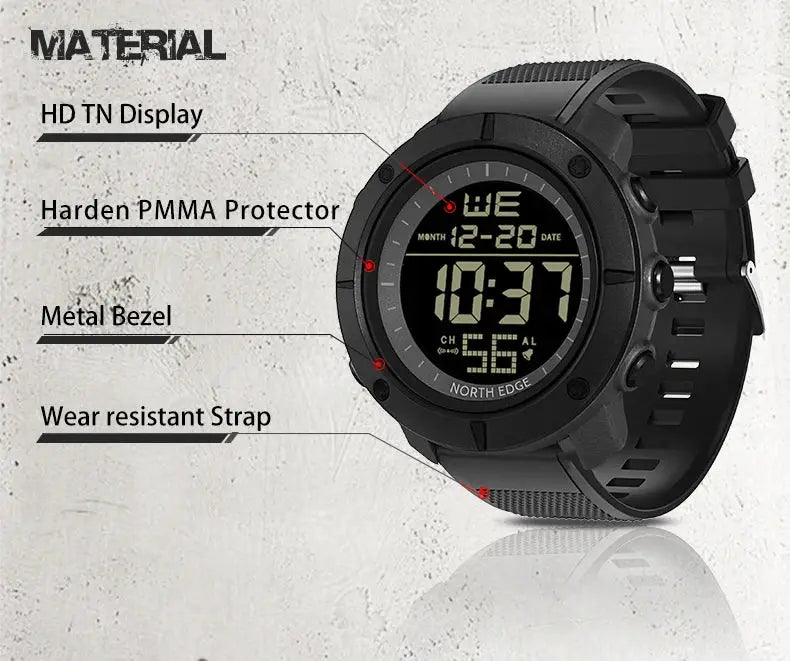 North Edge men's digital watch, rugged black sport timepiece with 50m water resistance