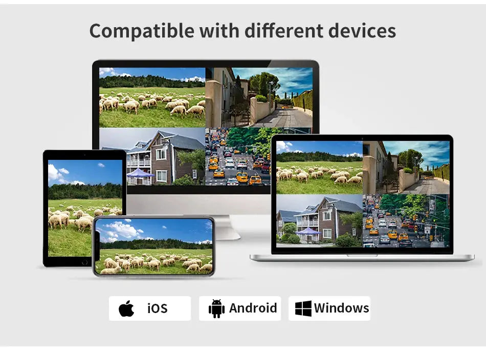 Hiseeu 4K 8MP dual-lens PTZ IP camera with 8x zoom, outdoor full-color night vision, shown on tablet, laptop and phone
