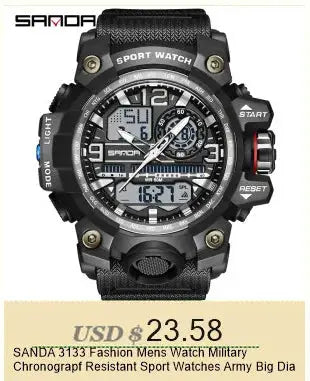 SANDA 6186 sport wristwatch with black silicone strap; analog-digital display, rugged unisex design.