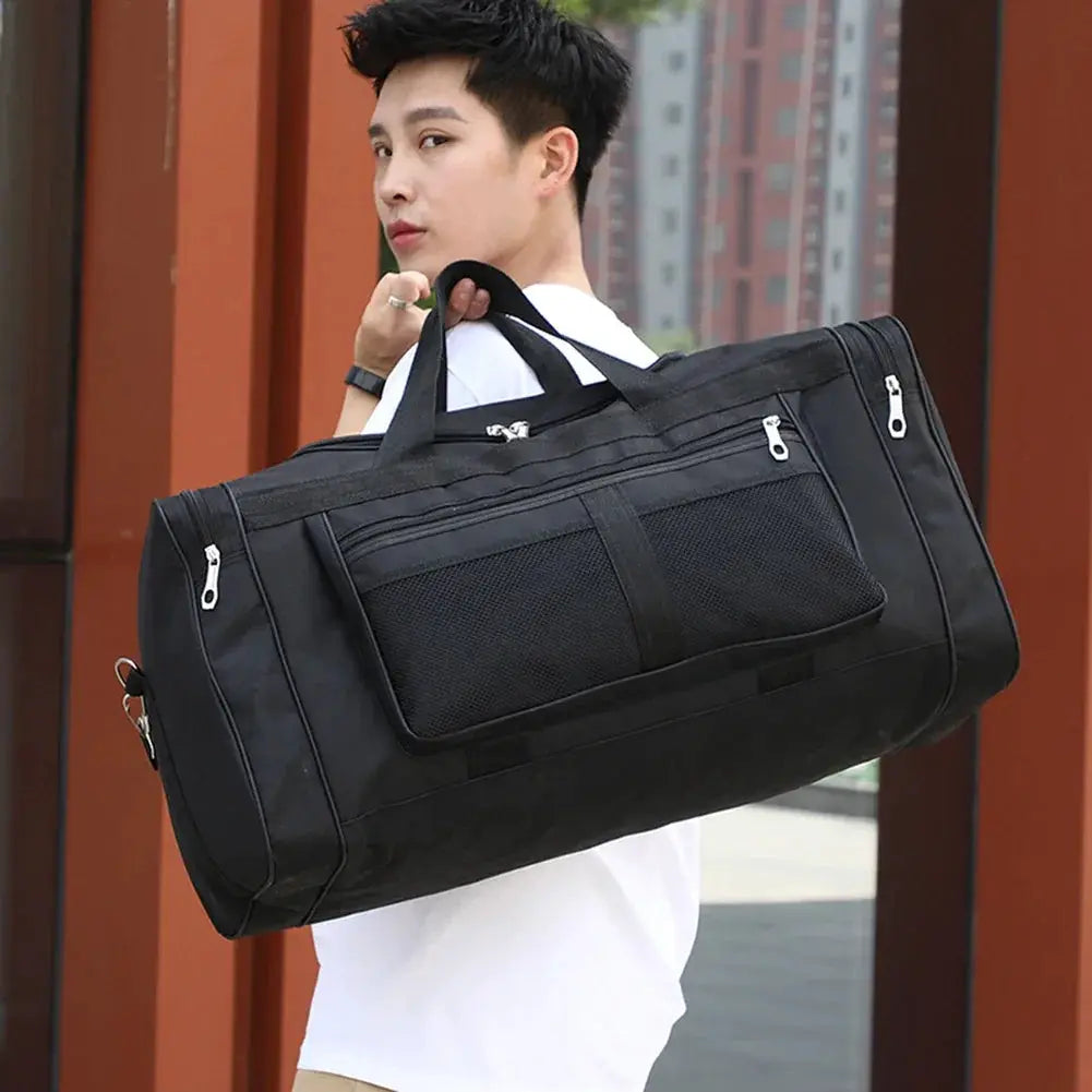 Black Oxford gym bag with dry-wet separation, large capacity, multiple compartments and a mesh pocket.