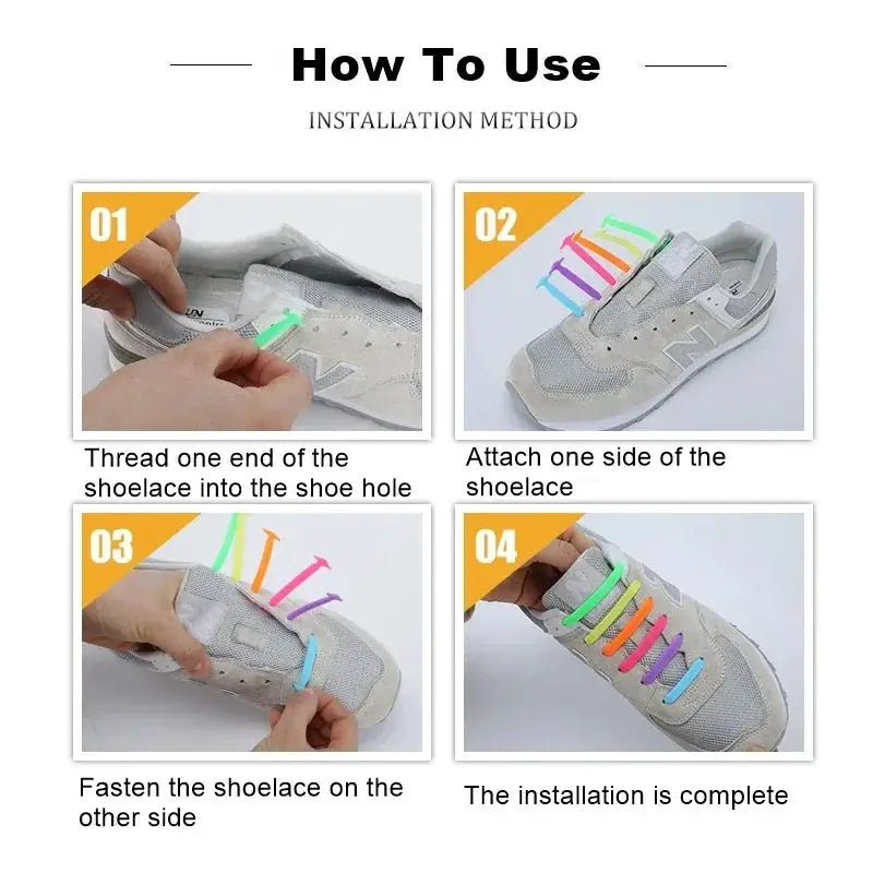 Simples Market 16-pack elastic silicone shoelaces for sneakers in assorted colors with step-by-step installation guide.
