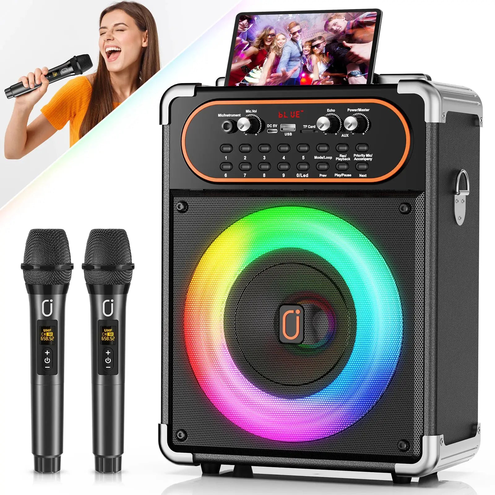 Simples Market S68 Kara Ok portable Bluetooth speaker with two wireless microphones and RGB LED ring