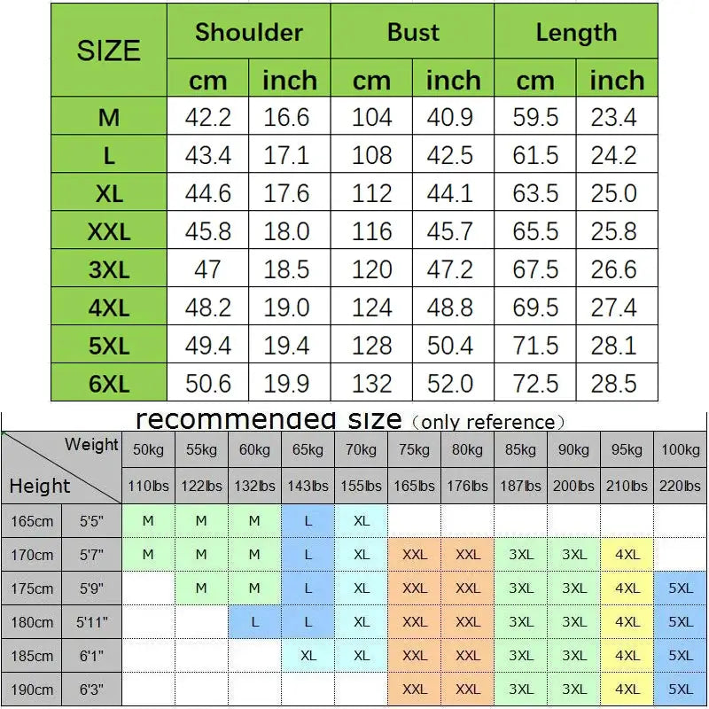 Men's vest size chart with shoulder, bust and length measurements (M-6XL) and recommended size grid