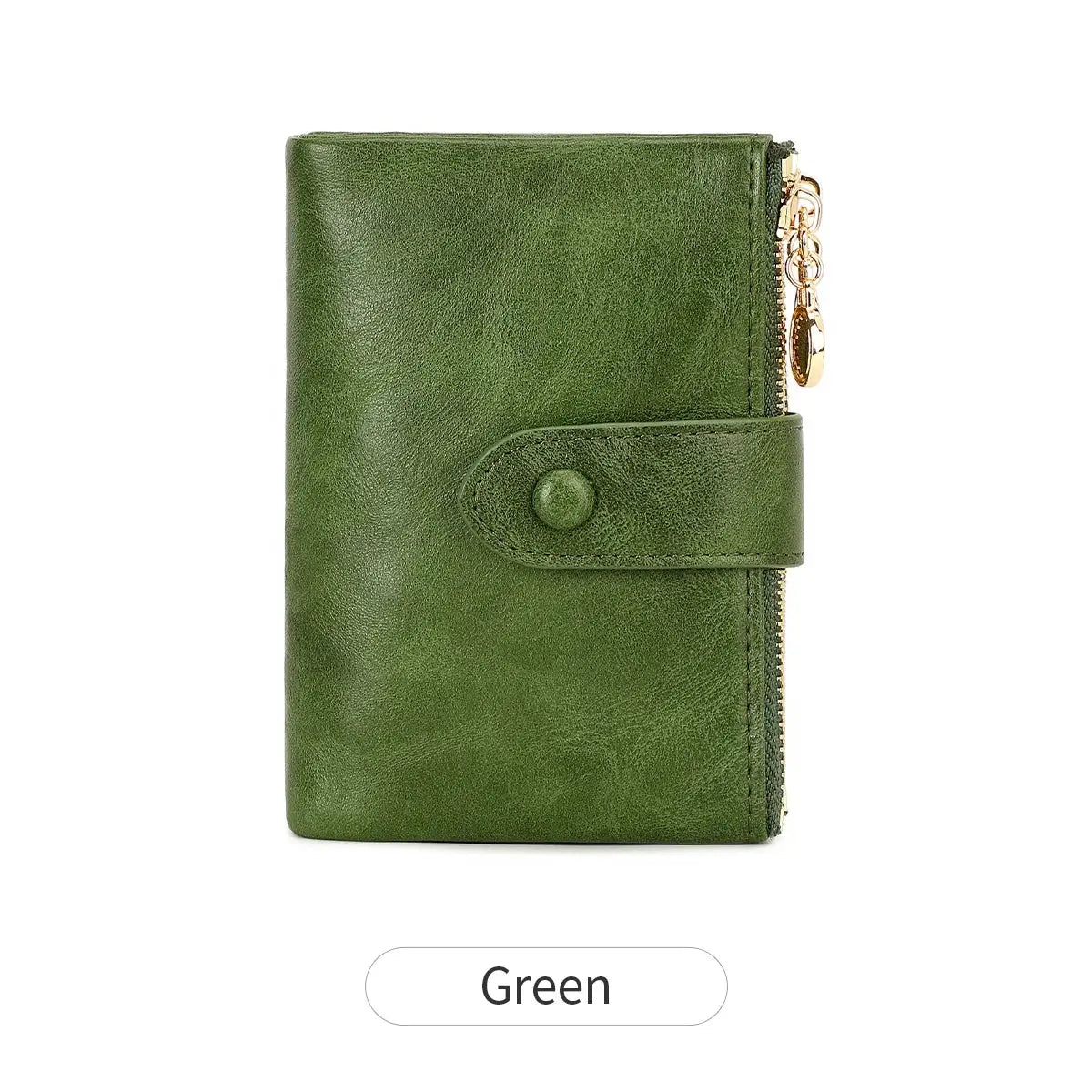 Green Simples Market wallet, minimalist women's short three-layer card holder with double zipper and snap strap