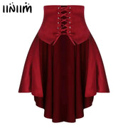 Womens Gothic Steampunk satin pirate skirt with front lace-up corset waist and tiered ruffles, red
