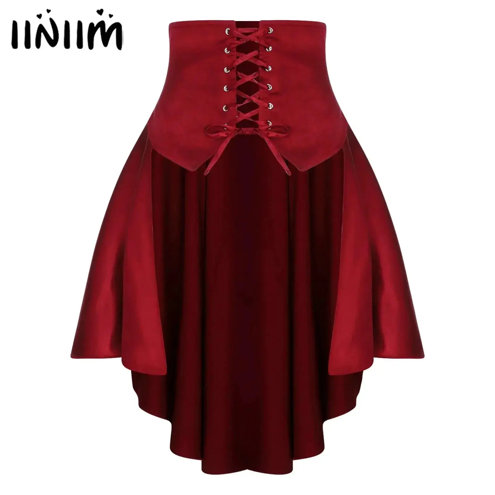Womens Gothic Steampunk satin pirate skirt with front lace-up corset waist and tiered ruffles, red