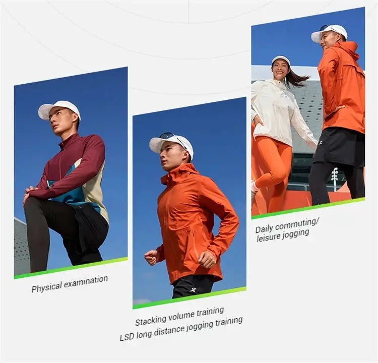Xtep men's running outfits collage by Simples Market; orange, burgundy, and white athletic jackets outdoors.