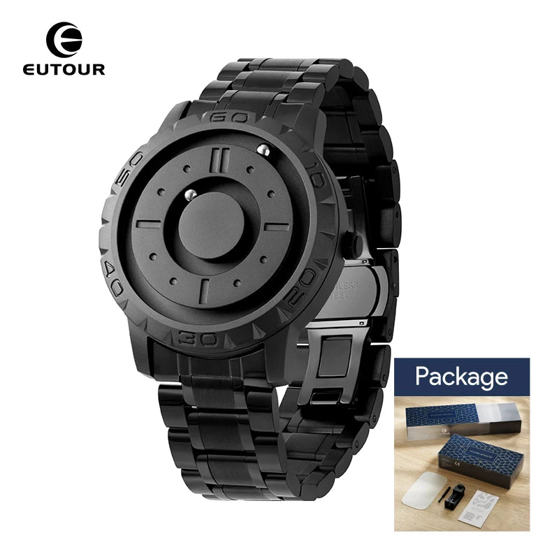 EUTOUR men's magnetic quartz watch with black dial and stainless steel bracelet
