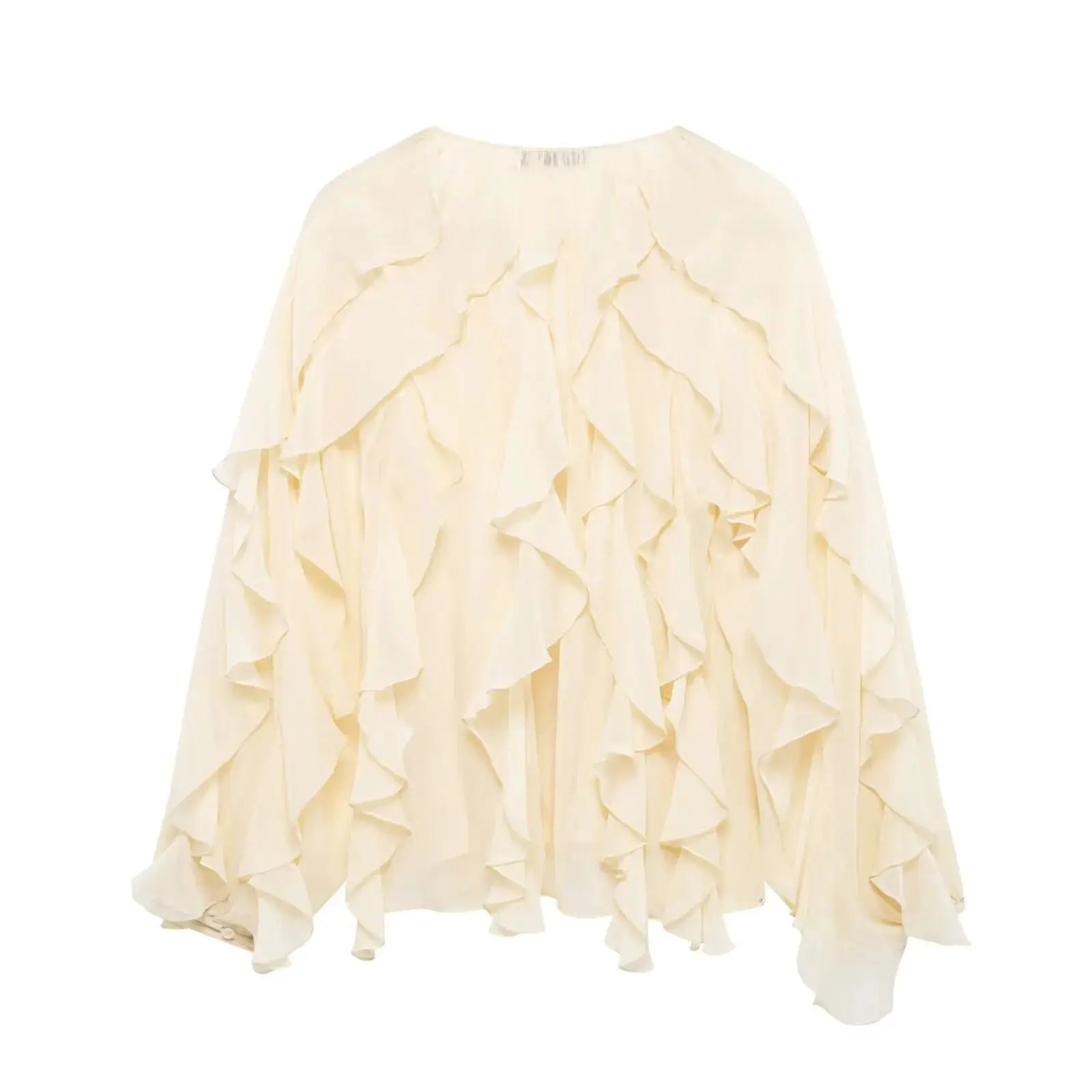 Cream women's blouse with cascading ruffle layers along front and long sleeves