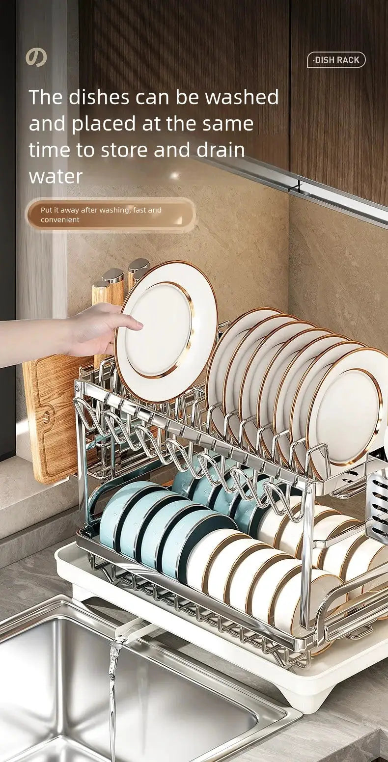 Stainless steel dish rack by Simples Market for bowls and plates with draining rack on kitchen counter