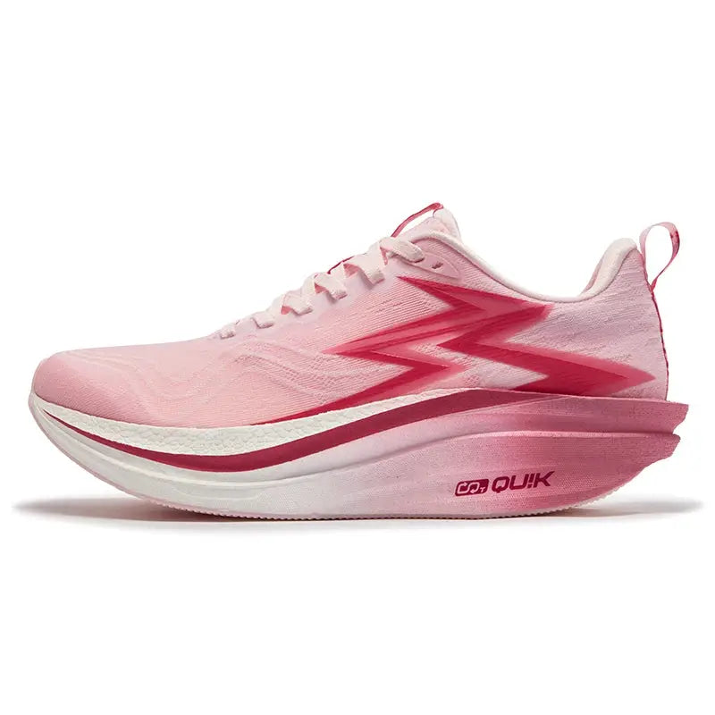 Pink mesh running shoe with white midsole and heel pull tab, logo visible.