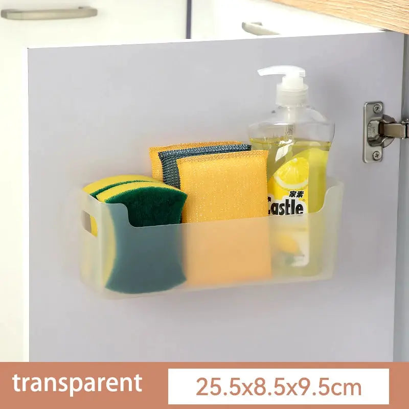 Transparent cabinet door organiser holding sponges and dish soap bottle