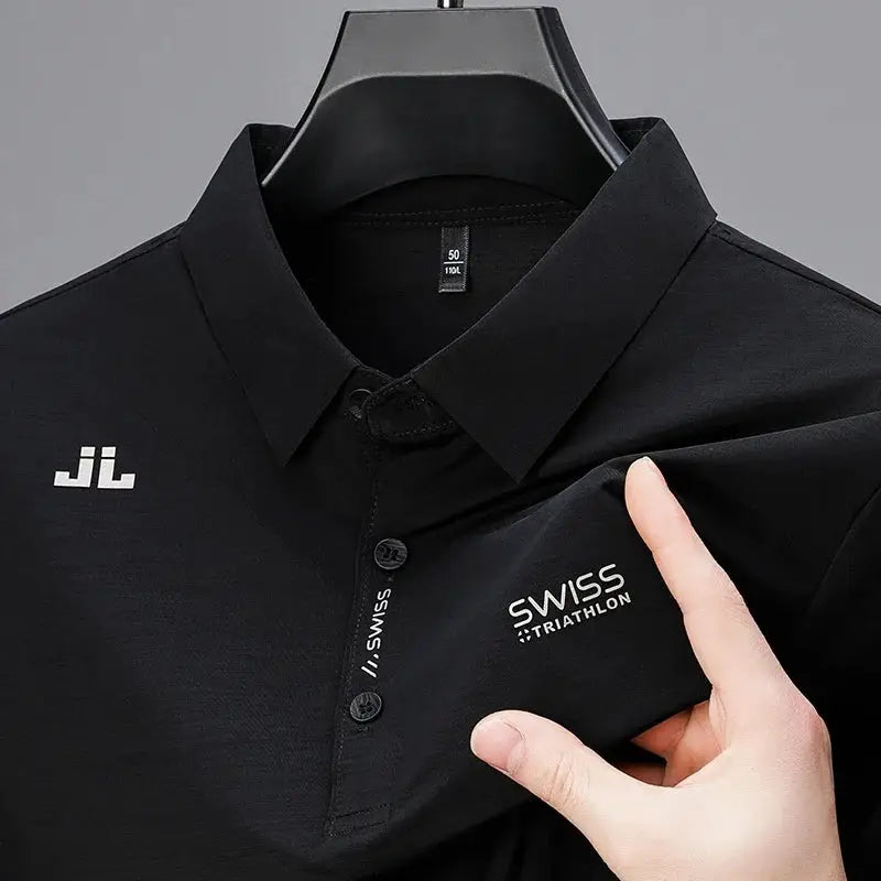 Mens Business Casual Short Sleeve Polo Shirt With Badge Solid Color Breathable Comfortable Versatile Top