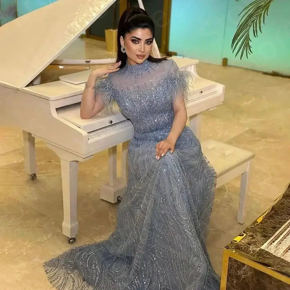 Customized Prom Dress Organza Beaded Feather Draped A Line Long