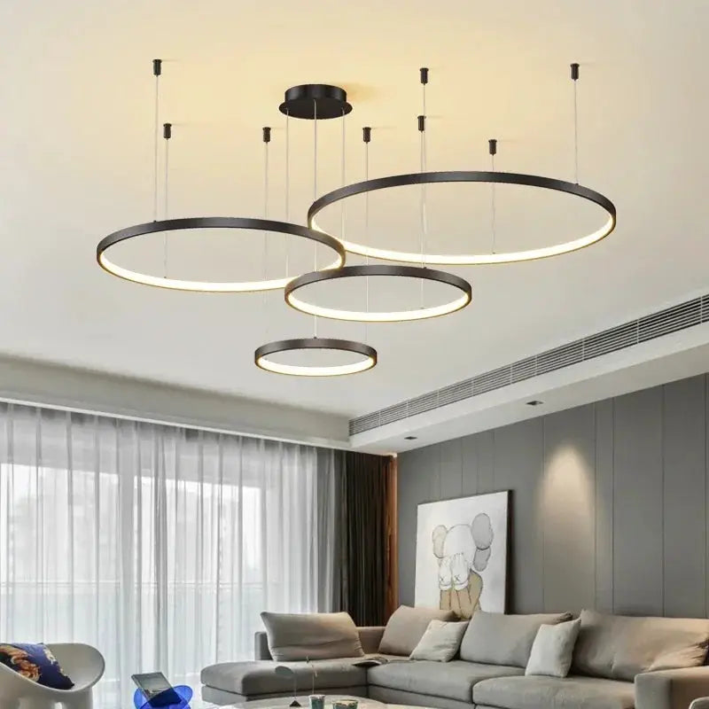 Minimalist pendant lights: black circular LED ring chandelier with acrylic edge lighting for living room, Simples Market