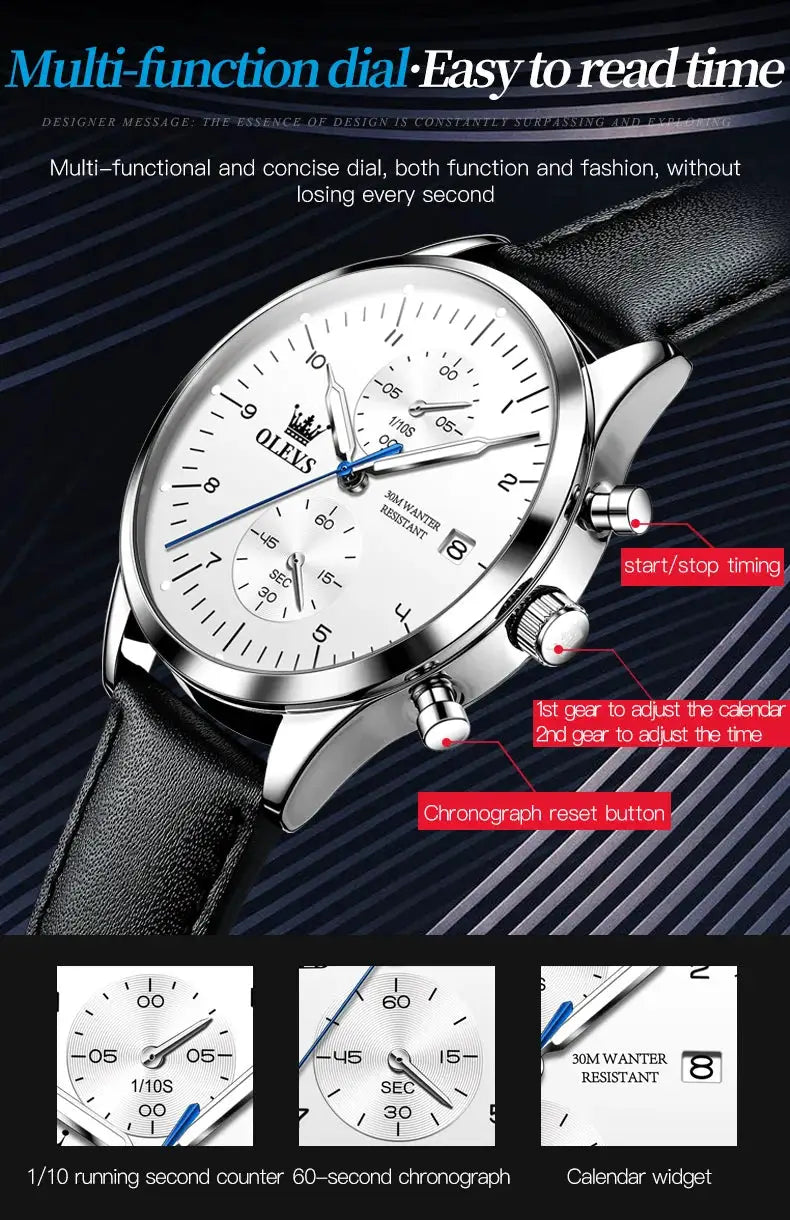 OLEVS men's wristwatch with white dial, stainless steel case, black leather strap, chronograph and date window