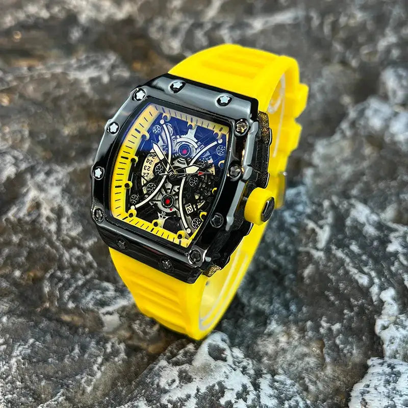 Light Luxury Brand Mens Wine Barrel Dial Quartz Watch with Night Glow and Calendar Durable Silicone Band