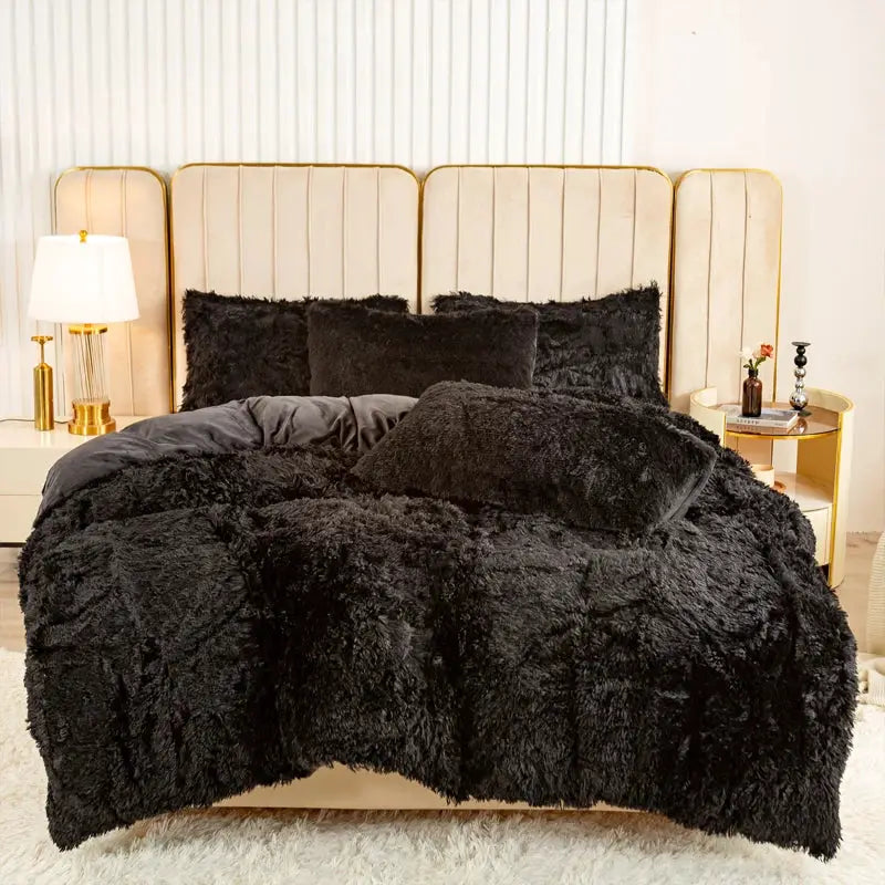 Simples Market 3-piece plush black duvet cover set on a bed with a cream tufted headboard and black shams