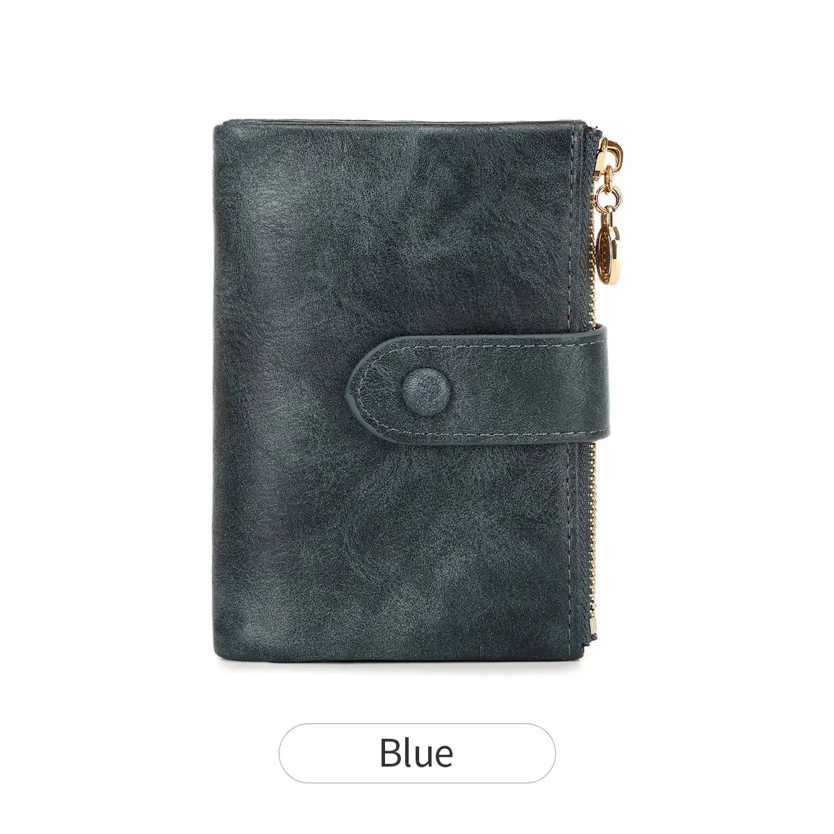 Minimalist women's wallet with blue faux leather, three-layer design and gold-tone zipper.