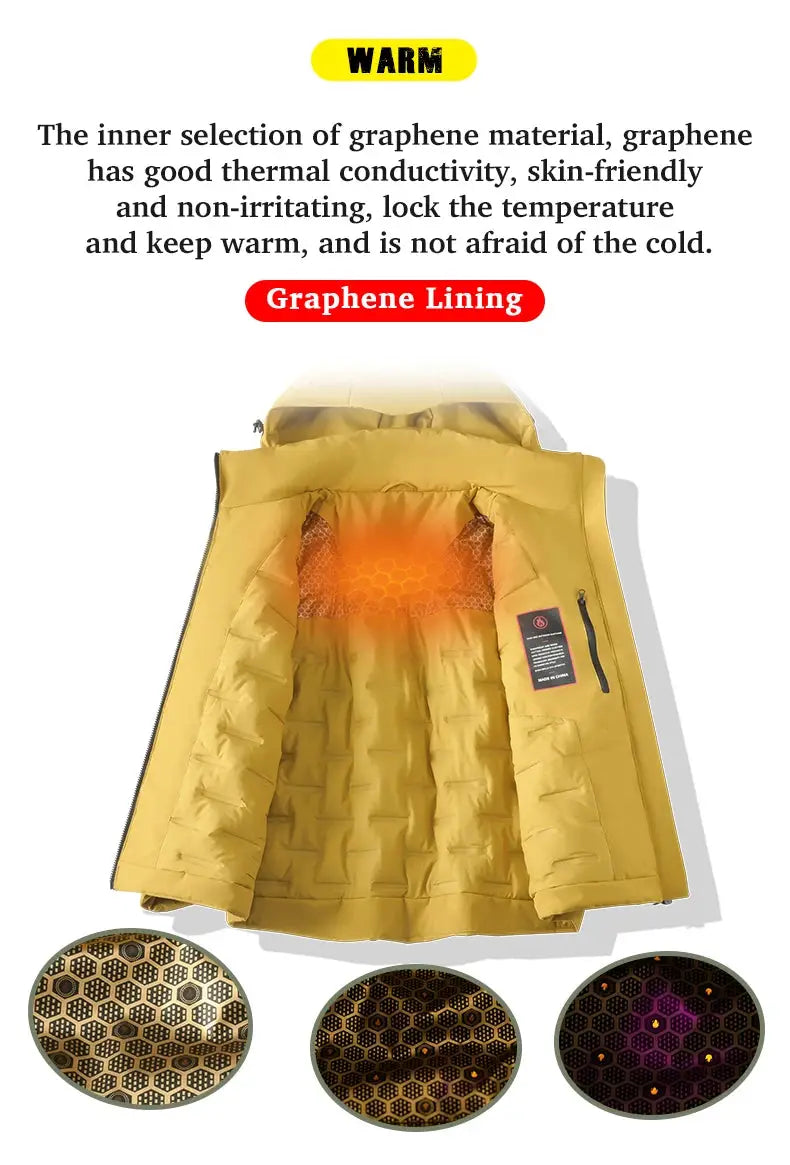 JNLN unisex waterproof fleece jacket with graphene lining; warm yellow windproof thermal windbreaker for hiking and skiing.