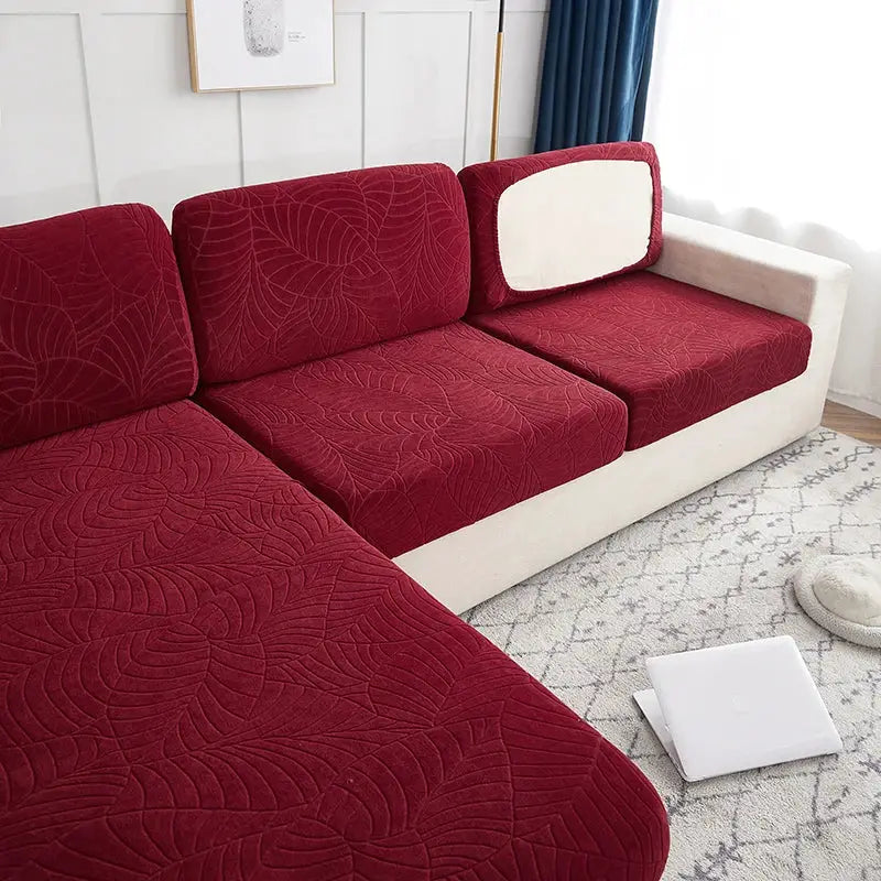 Waterproof stretch soft seat cushion couch cover set of 3 in red with leaf pattern; protects sofa from dogs.