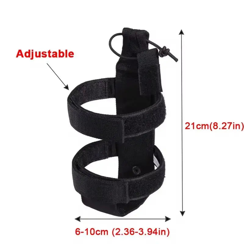 Simples Market Molle water bottle pouch, black nylon carrier with adjustable straps, fits 6–10 cm width, 21 cm tall