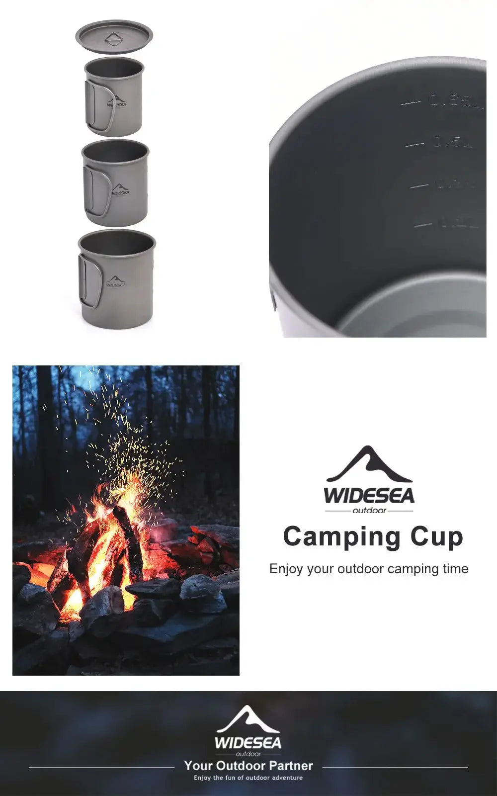 WideSea titanium camping cup set, three nesting gray mugs with lid and foldable handles