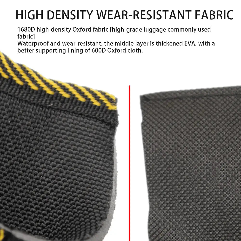 Tool bag and tool pouch in black 1680D fabric with yellow-striped trim