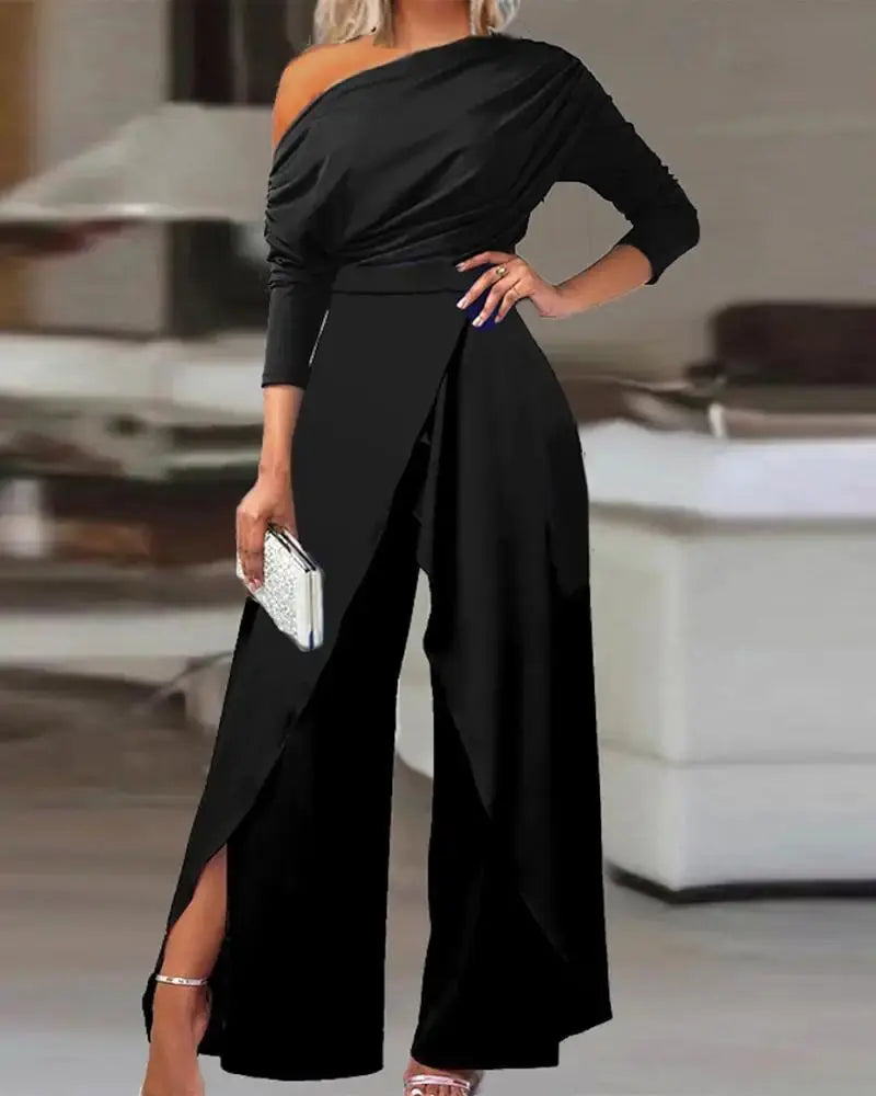 Black women's one-shoulder jumpsuit with ruched bodice, wide legs and split hem