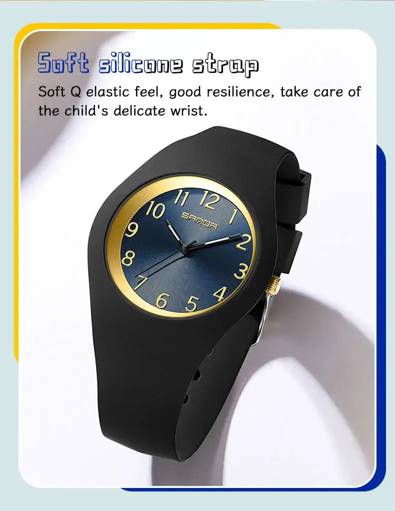 SANDA 6186 wristwatch with black silicone strap and blue dial with gold bezel
