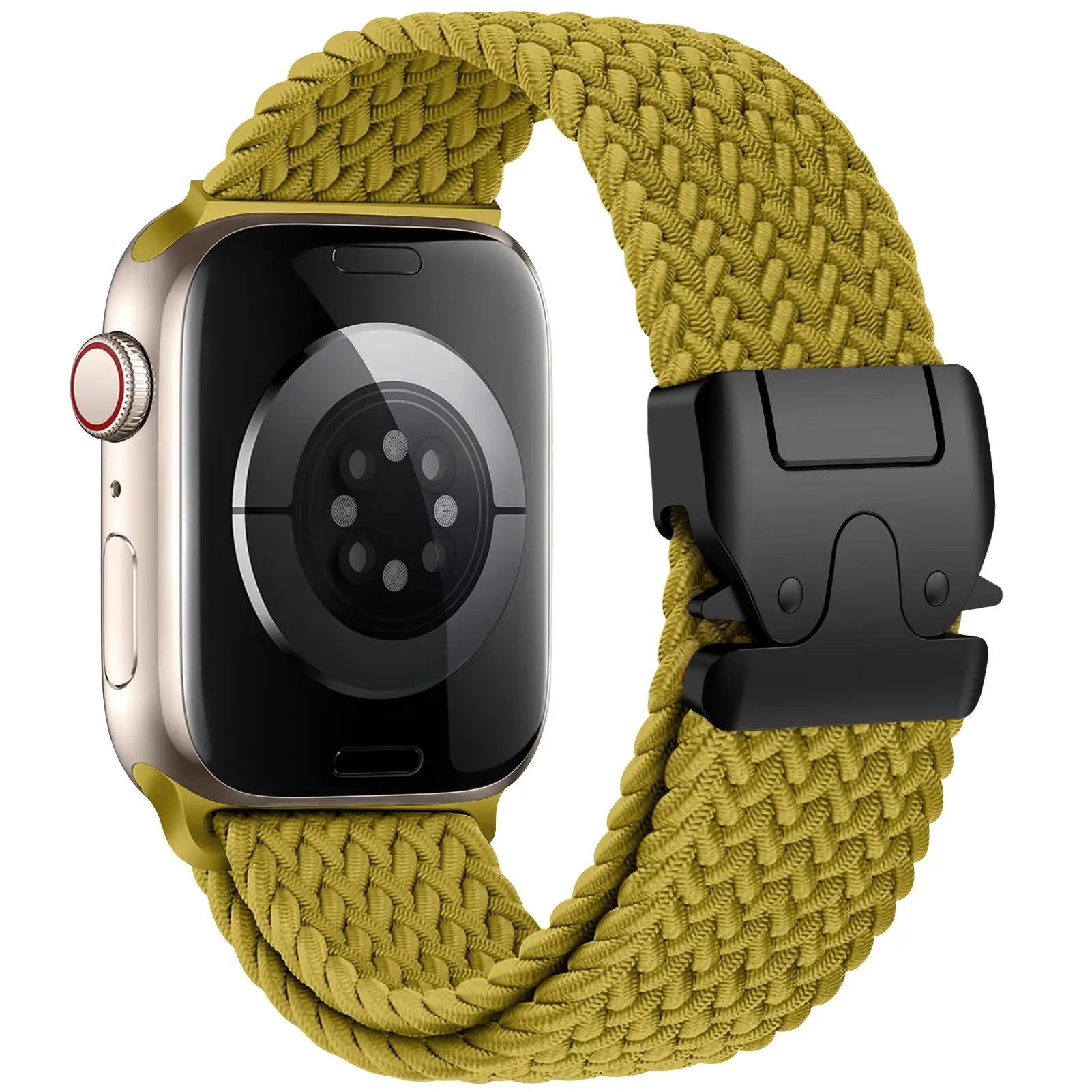 Mustard-yellow braided parachute strap for Apple Watch; nylon weave with black clasp, fits 41–49mm models.