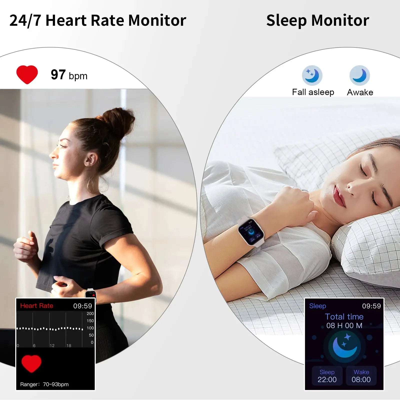 Simples Market smart watch with 1.69-inch touchscreen; fitness tracker with heart rate and sleep monitor.
