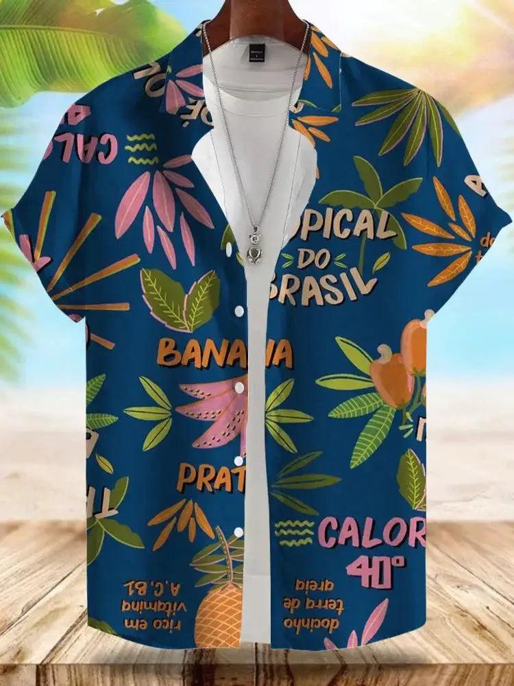 Hawaiian style men's short-sleeve shirt, blue with tropical print
