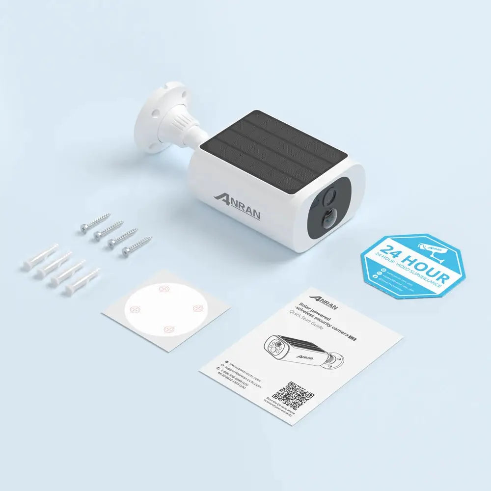 ANRAN outdoor solar WiFi security camera with solar panel; white body, black lens area; mounting hardware included.