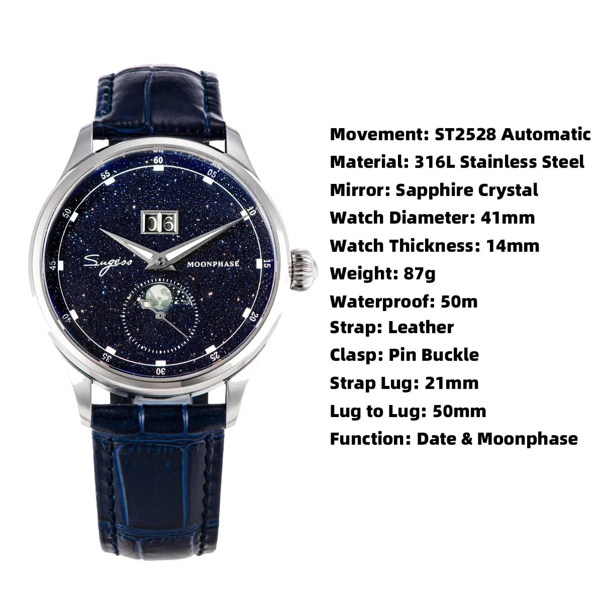 Sugess men's Moonphase watch with blue starry dial and stainless steel case.