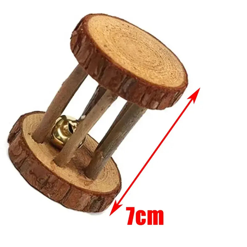 Guinea pig hamster rabbit wooden roller toy with two discs and bell, natural pine, 7 cm