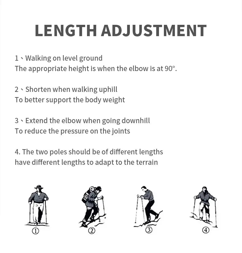 Naturehike trekking poles length adjustment guide with four illustrated steps