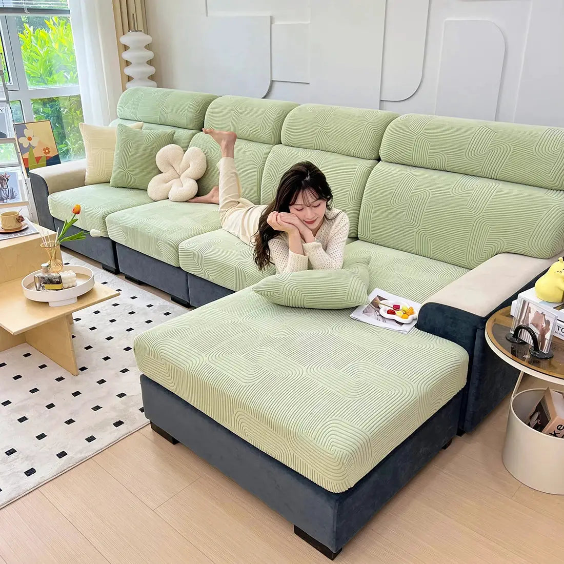 Sofa seat cushion covers set in light green jacquard, stretch, removable and washable, Simples Market.