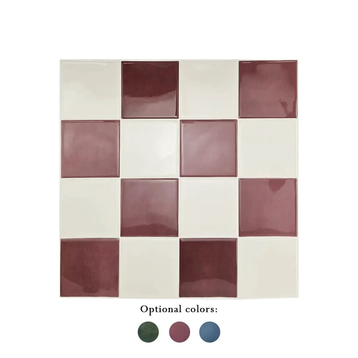 Self-adhesive mosaic wall tile sheet, 16-square, in maroon and cream by Simples Market, 10.5 in square.
