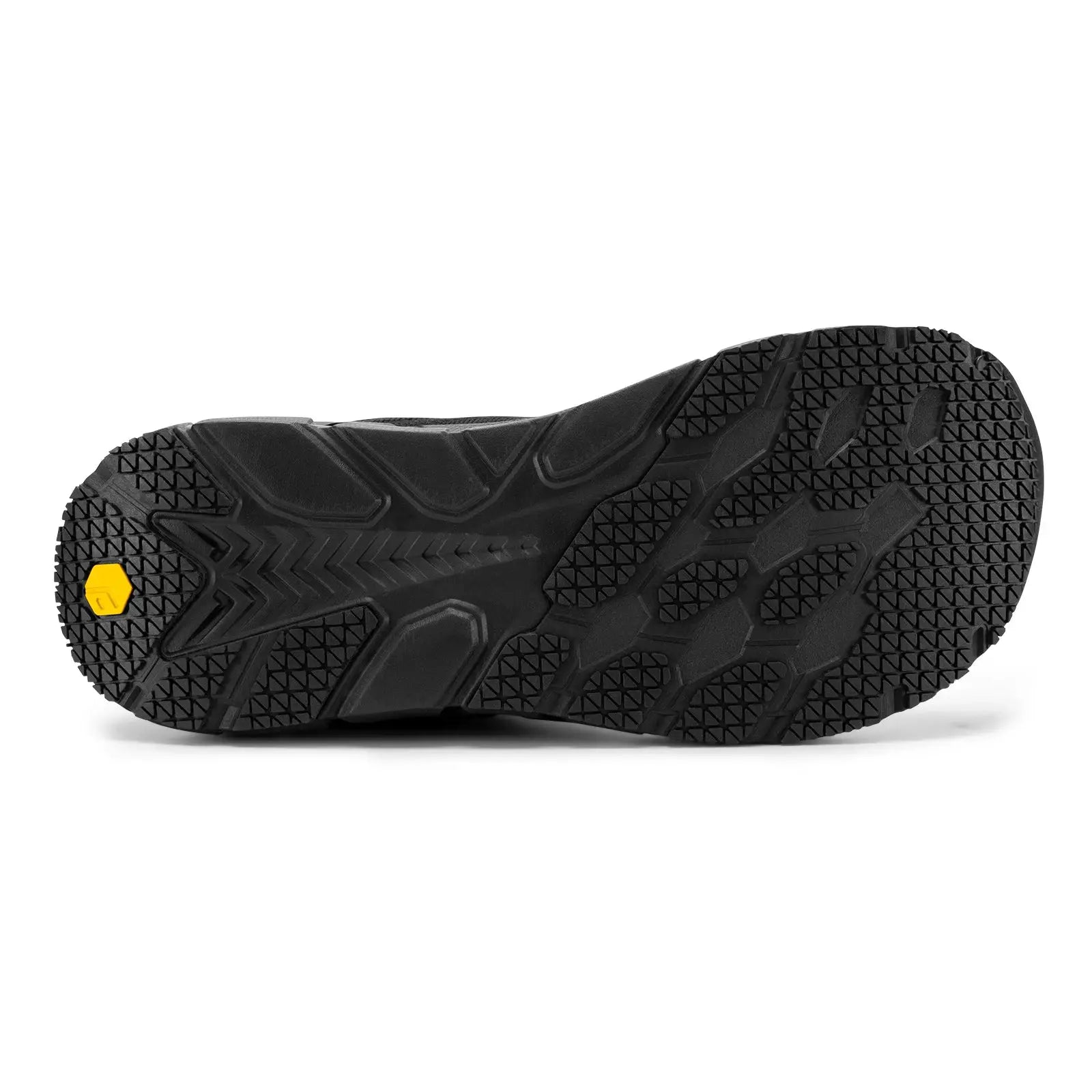 FitVille wide-toe men's running shoe outsole in black with rugged tread and yellow logo