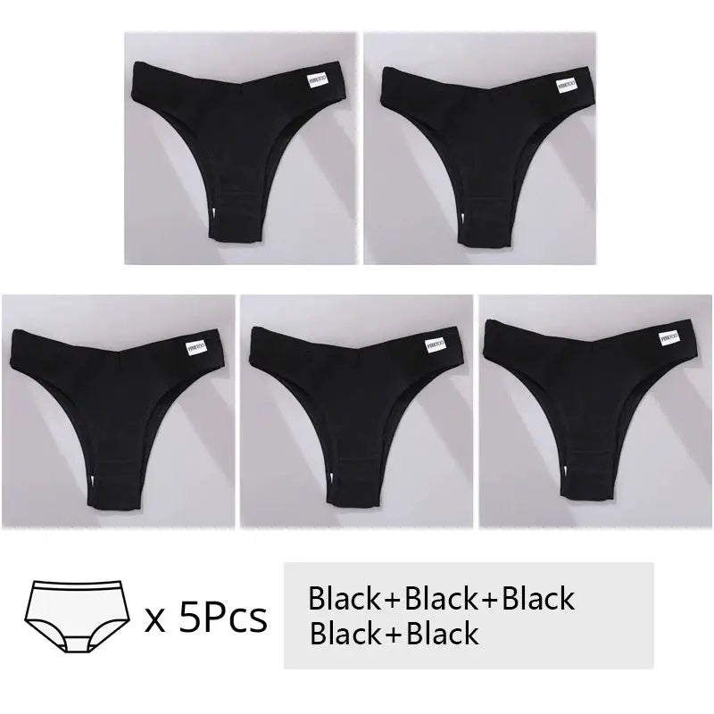 FINETOO cotton Brazilian panties, 5 pcs, black, V-waist T-back bikini underwear by Simples Market