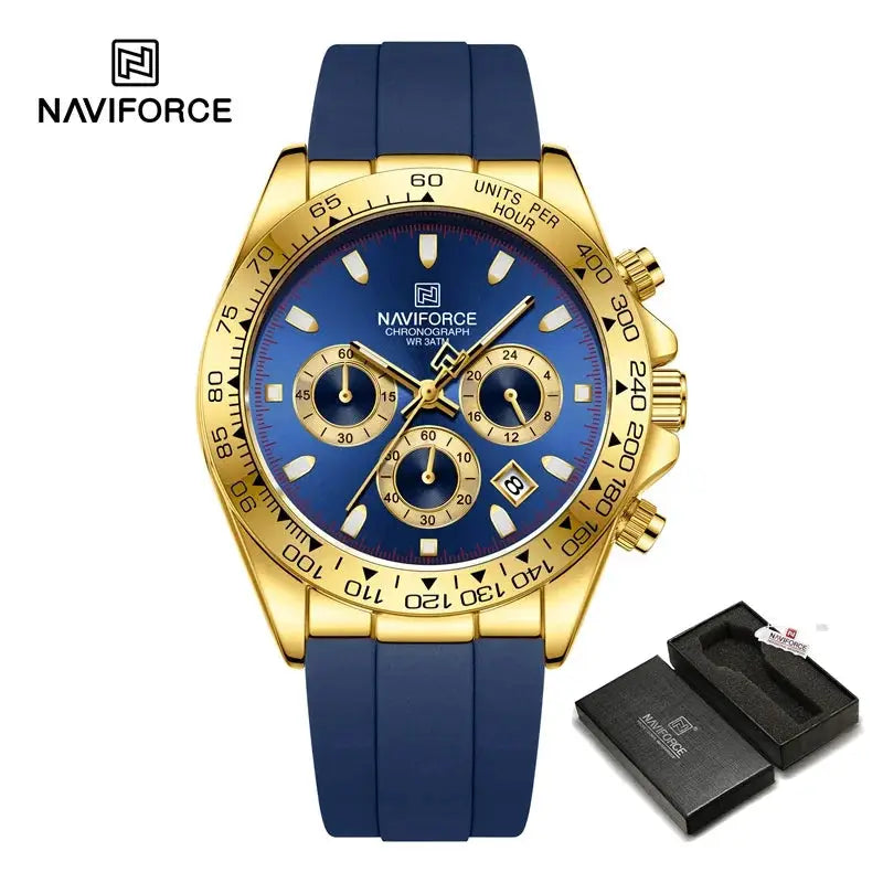 NAVIFORCE NF8054 men's watch with blue dial, gold-tone case and blue silicone band; chronograph, boxed