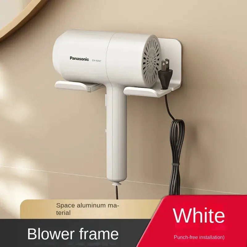 Hair dryer wall mount in white with Panasonic; two small shelves.