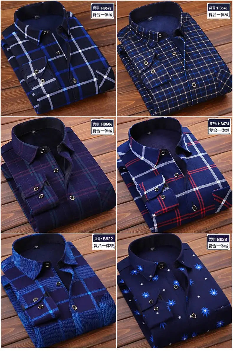Simples Market men's blue-toned plaid flannel shirts, fur-lined thick-winter warmth, long-sleeve casual/formal wear, 6 styles shown