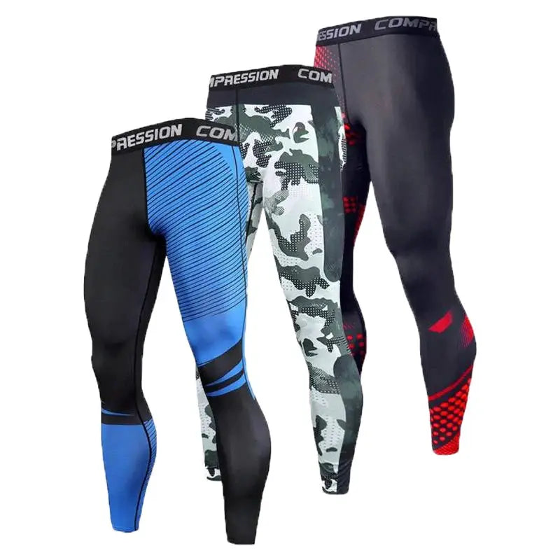 Men's compression pants by Simples Market; four pairs in blue/black, camouflage, and red-accent black.