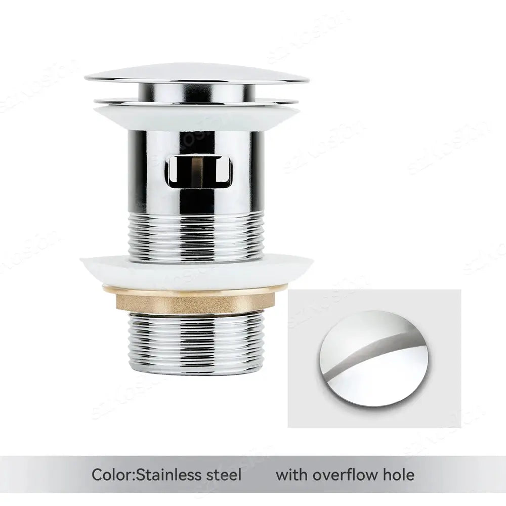Chrome pop-up bathroom sink drain with white gasket and brass ring, Simples Market