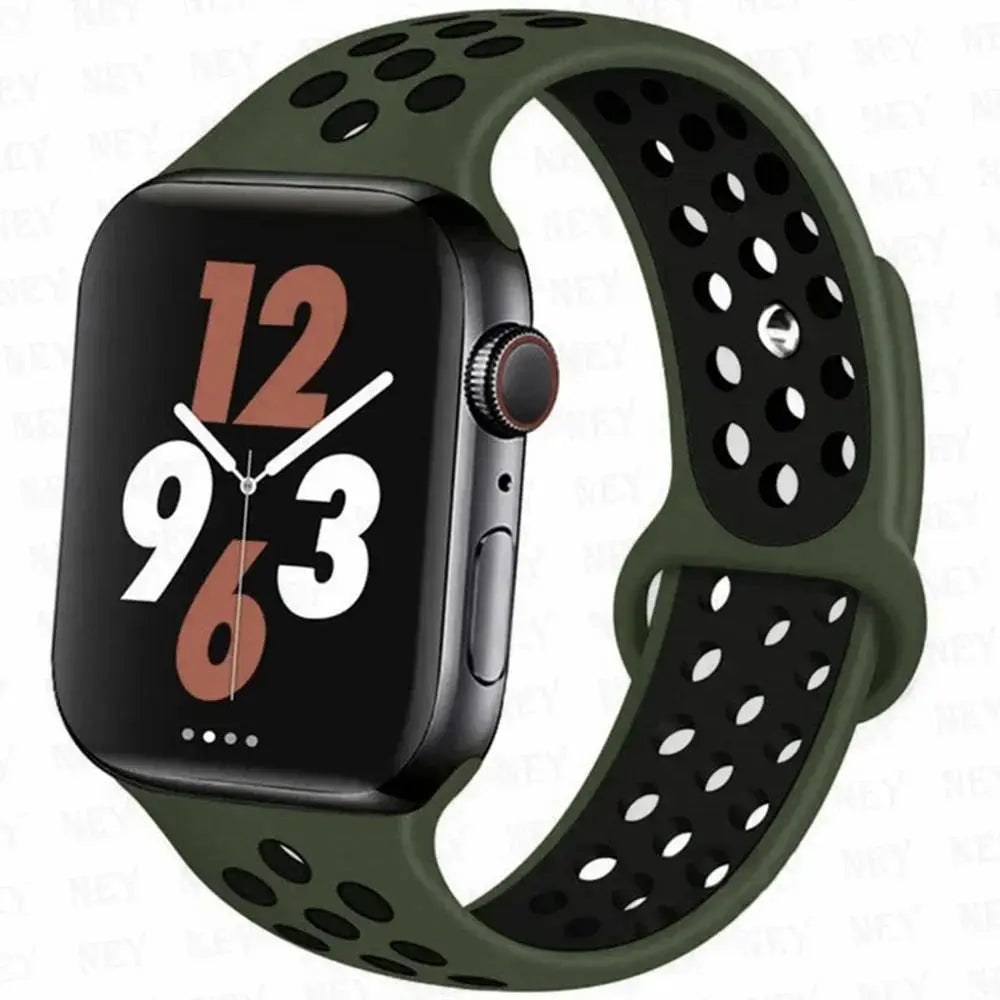 Simples Market silicone sport strap for Apple Watch, olive green with black perforations, fits 38-45mm.